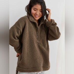 aerie olive-Brown Faux-Sherpa Snap Pullover Jacket Small